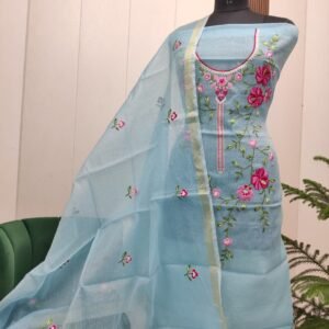 Pure kota doriya thread work cotton unstitched suit( top+duptta)