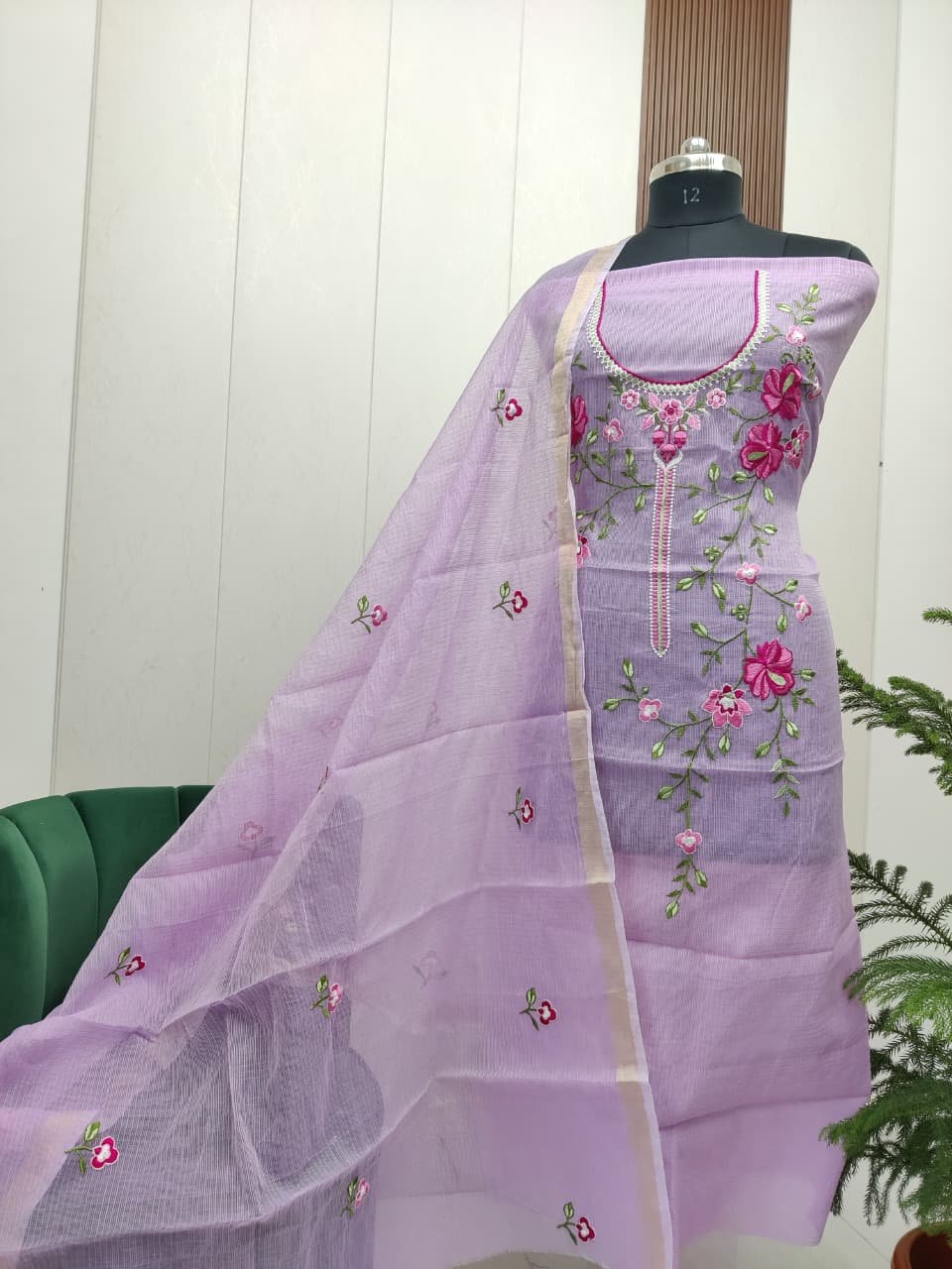 Pure kota doriya thread work cotton unstitched suit( top+duptta)