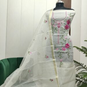 Pure kota doriya thread work cotton unstitched suit( top+duptta)