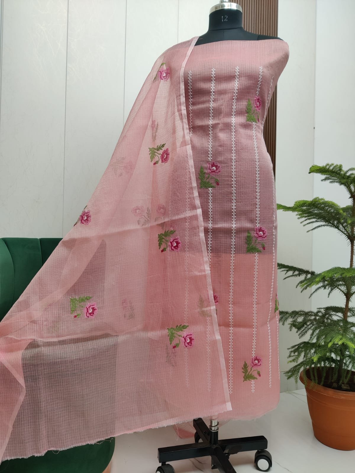 Pure kota doriya thread work cotton unstitched suit( top+duptta)
