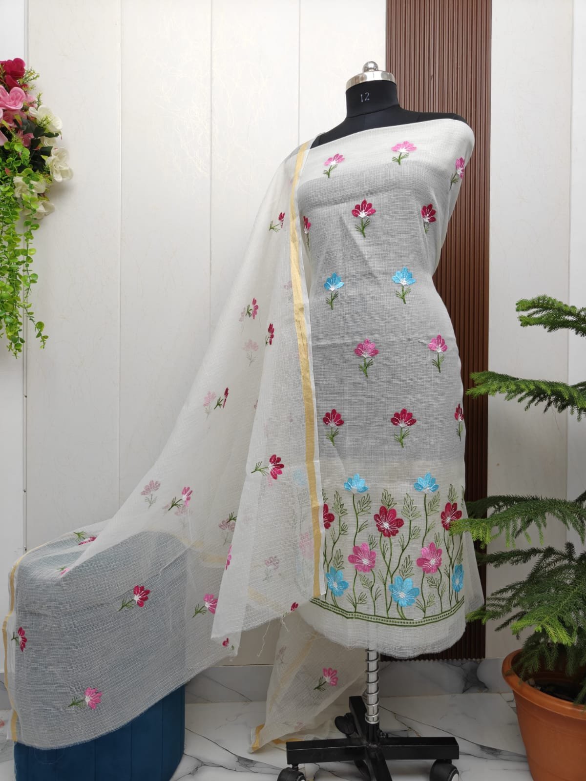 Pure kota doriya thread work cotton unstitched suit( top+duptta)