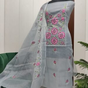 Pure kota doriya thread work cotton unstitched suit( top+duptta)