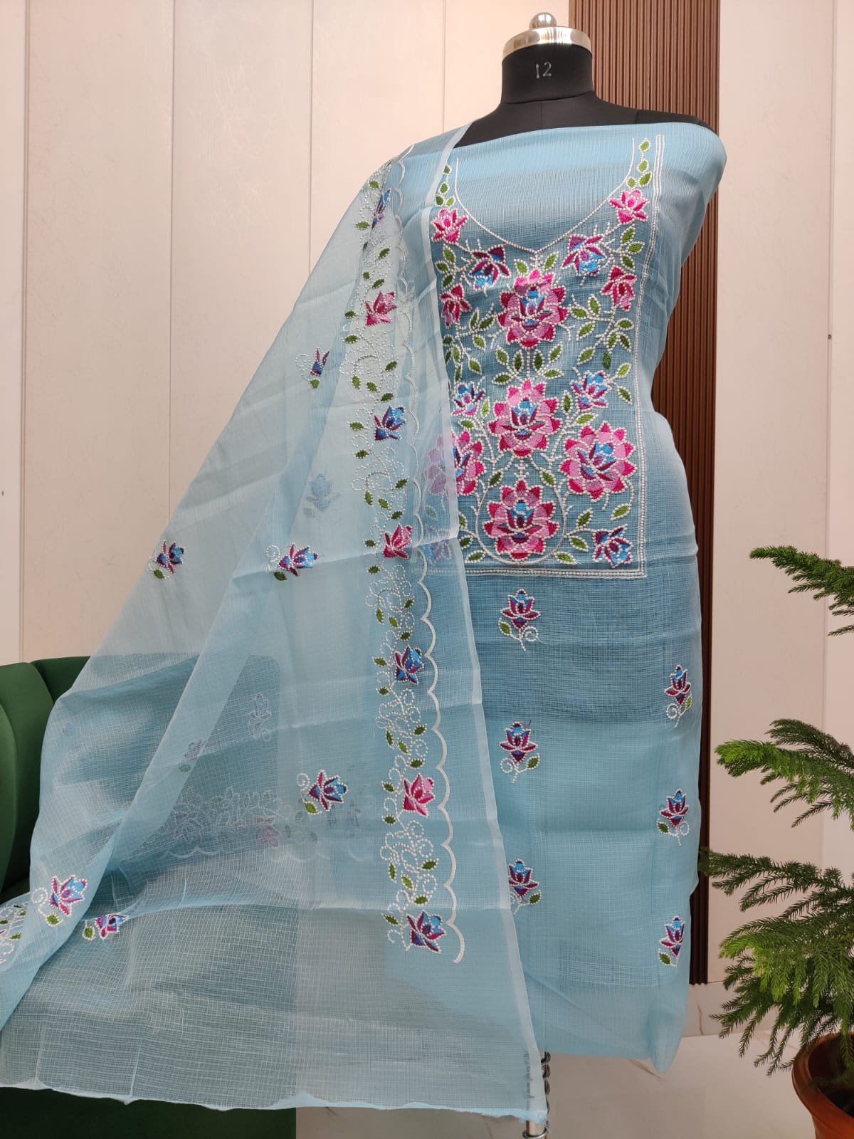 Pure kota doriya thread work cotton unstitched suit( top+duptta)
