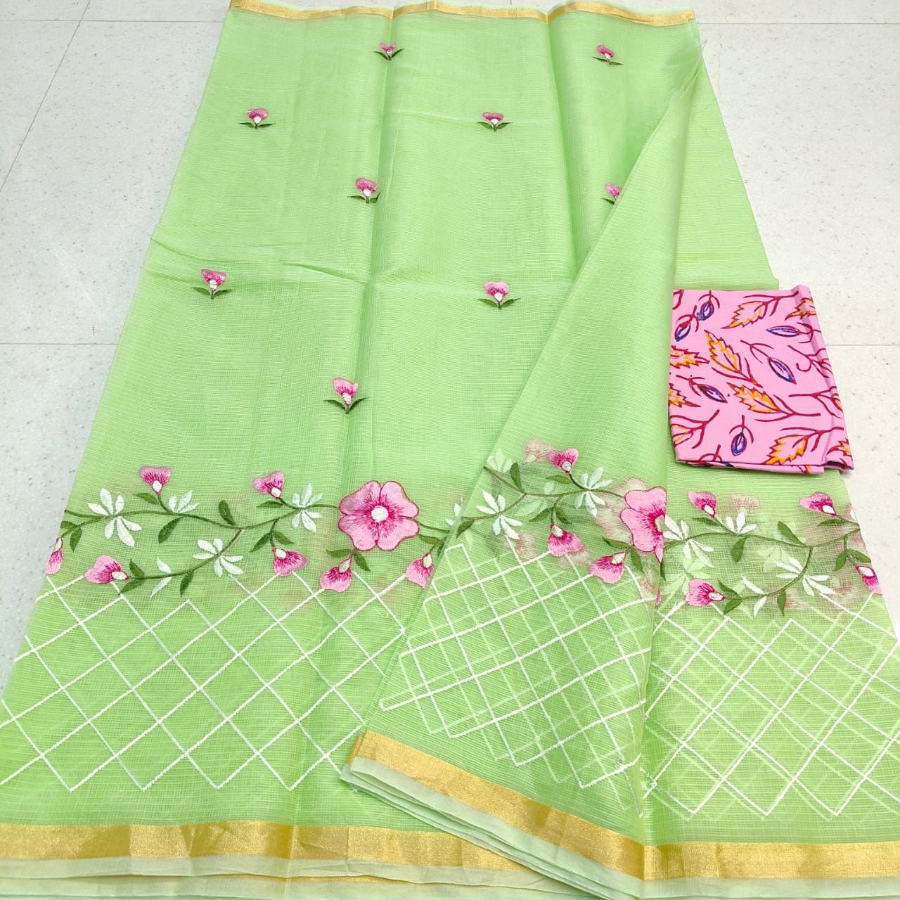 Soft cotton kota doriya embroidery work saree