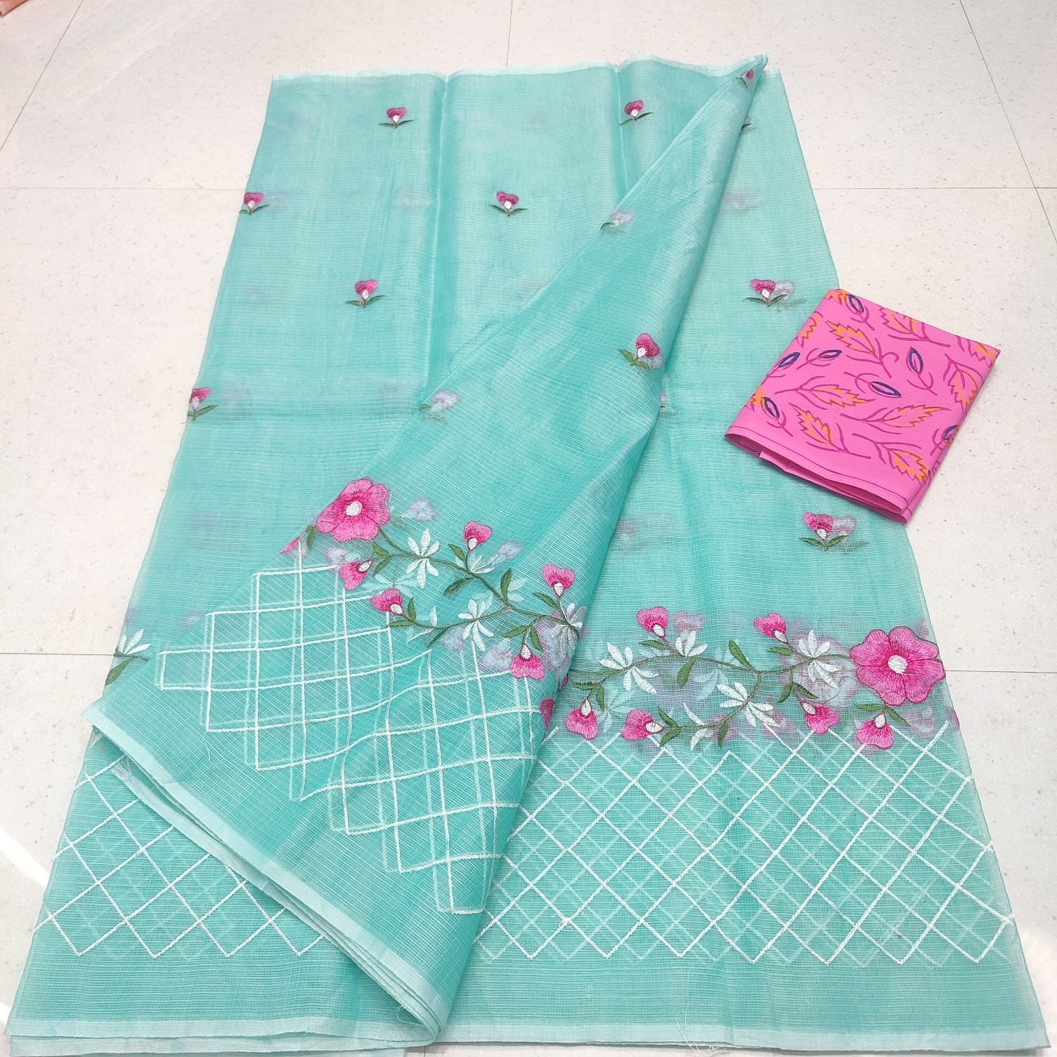 Soft cotton kota doriya embroidery work saree