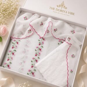 thred embroidery work white dress matrial with chikankari bottom (top+duptta+bottom)