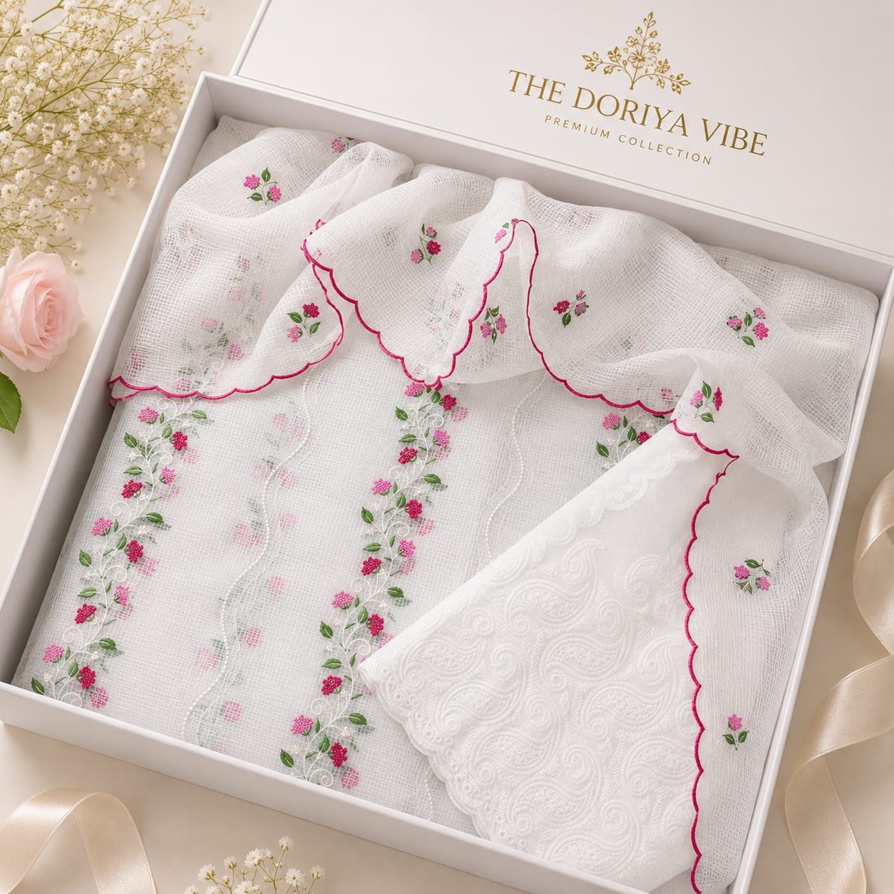 thred embroidery work white dress matrial with chikankari bottom (top+duptta+bottom)